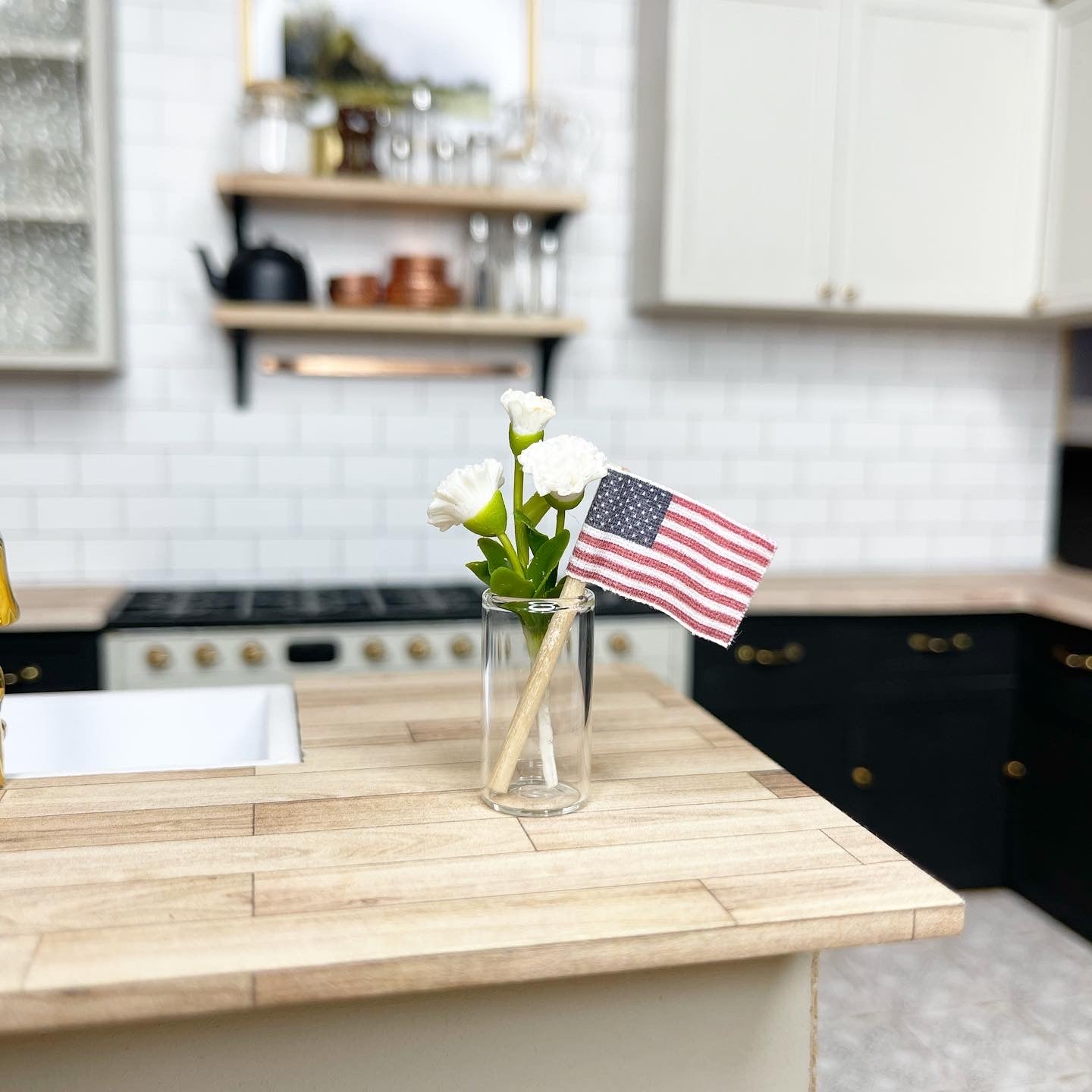 Carnations with Flag and Glass Vase